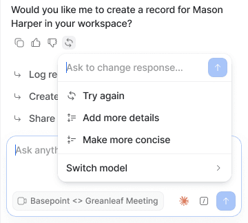 Popup showing options: "Try again," "Add more details," "Make more concise," and "Switch model" above an Ask Attio chat prompt about creating a record for Mason Harper.