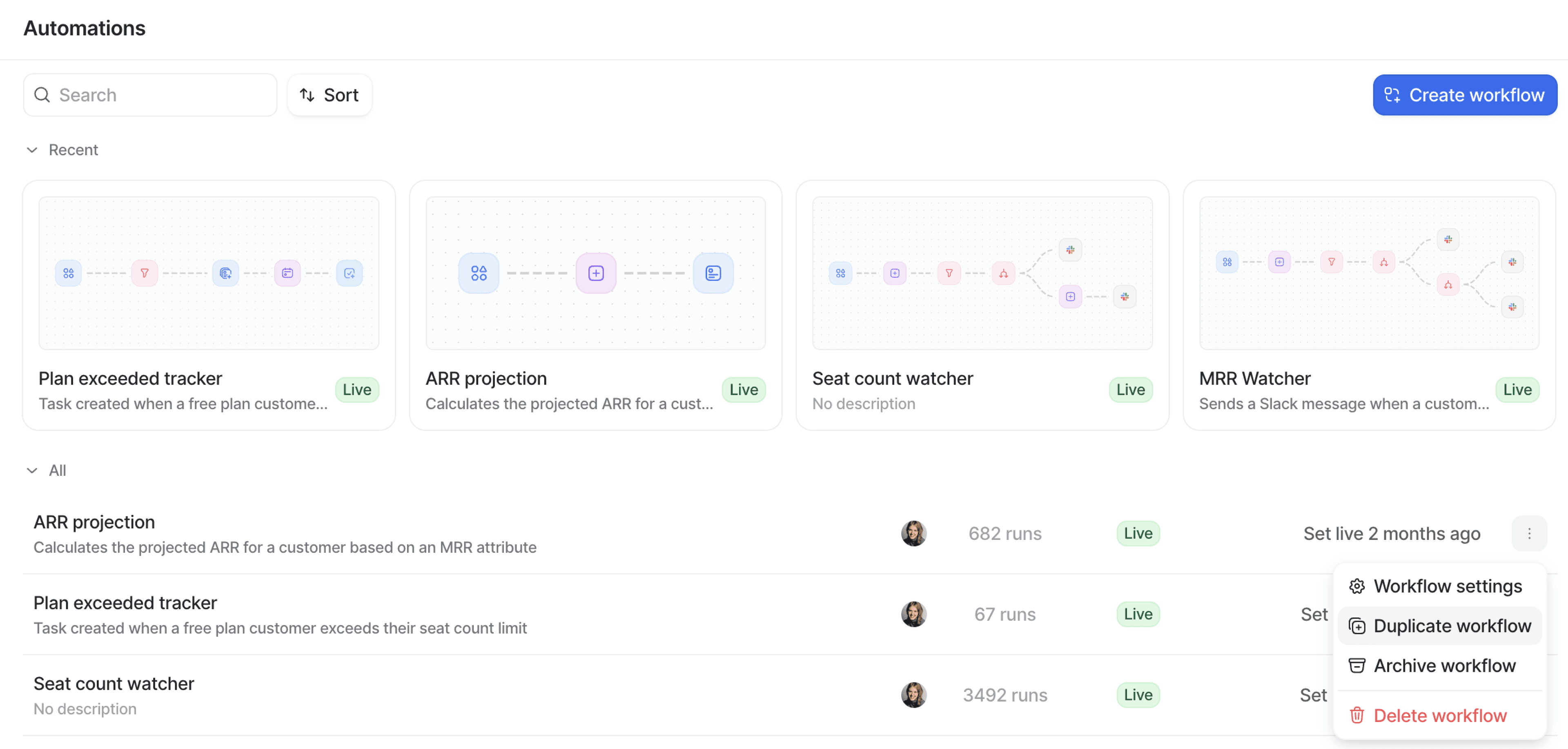 Automations page with workflows already created and "Create workflow" button. Dropdown is open showing option to duplicate an existing workflow.