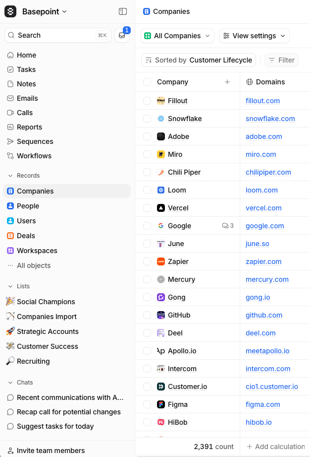 Dashboard interface showing a list of companies with names, websites, and tags. Sidebar includes various menu options like Home, Tasks, and Contacts.