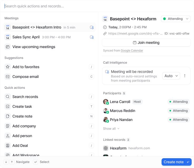Quick search window showing a calendar with meetings, attendees, and quick action options like creating tasks and adding contacts.