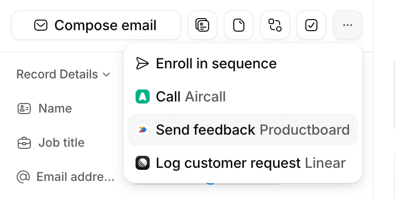 Buttons on a record page including Productboard button to send feedback