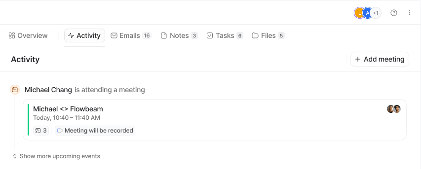 Screenshot of a calendar interface showing a meeting titled "Michael <> Flowbeam" scheduled for today from 10:40 to 11:40 AM, with a note that it will be recorded.