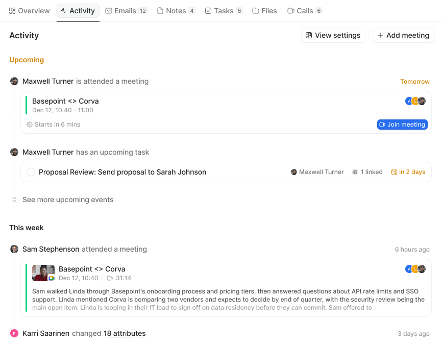 Record page showing Activity tab with upcoming and past meetings, tasks, and attribute updates