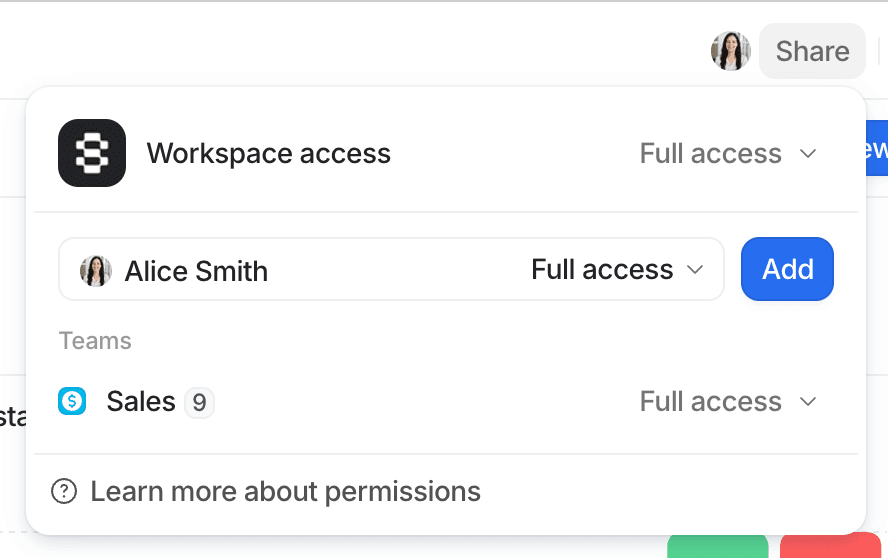User interface showing workspace access options for a dashboard. Alice Smith has full access, with an option to add her to the Sales team.