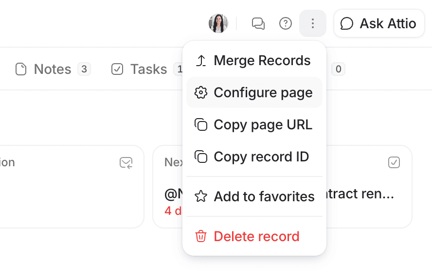 Dropdown menu from top right of record page highlighting option to configure page
