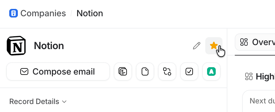 Notion company record with start highlighted with cursor