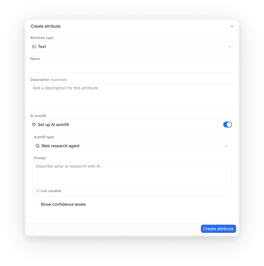 Create attribute window with options to set up AI autofill