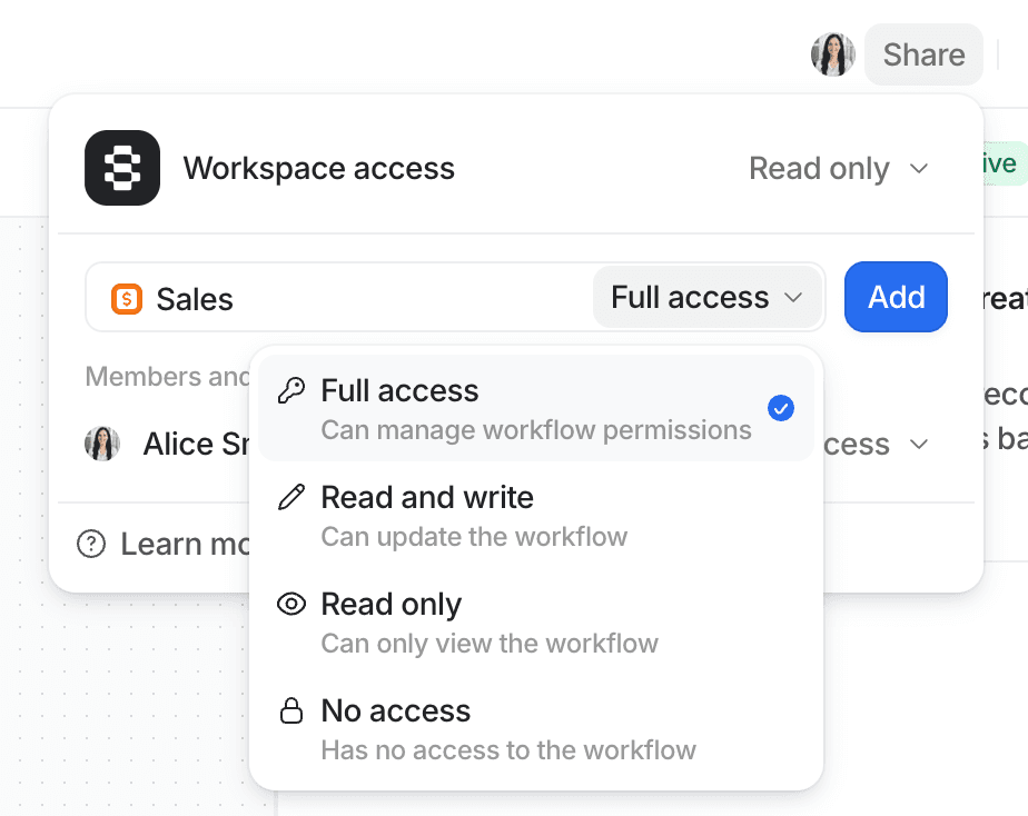 Dropdown menu showing access levels: Full access, Read and write, Read only, and No access, with "Full access" selected.