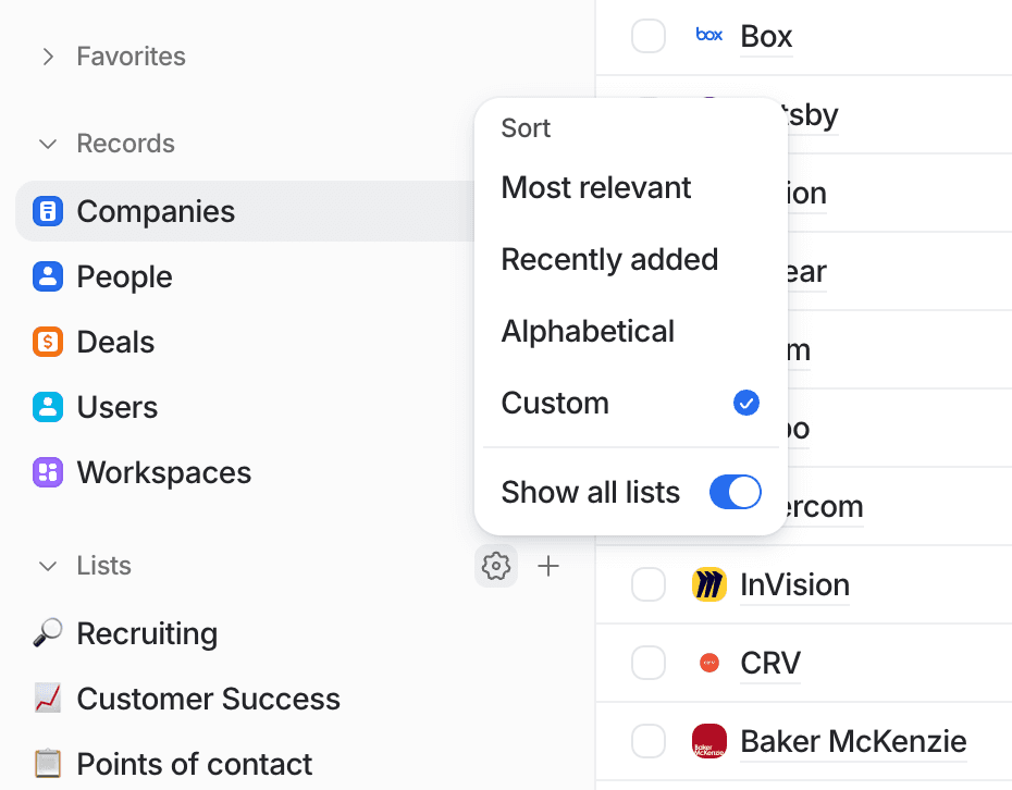 User interface showing a sidebar with categories and a dropdown menu for sorting lists, including "Most relevant" and "Alphabetical."
