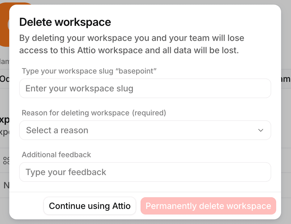 Delete workspace confirmation window