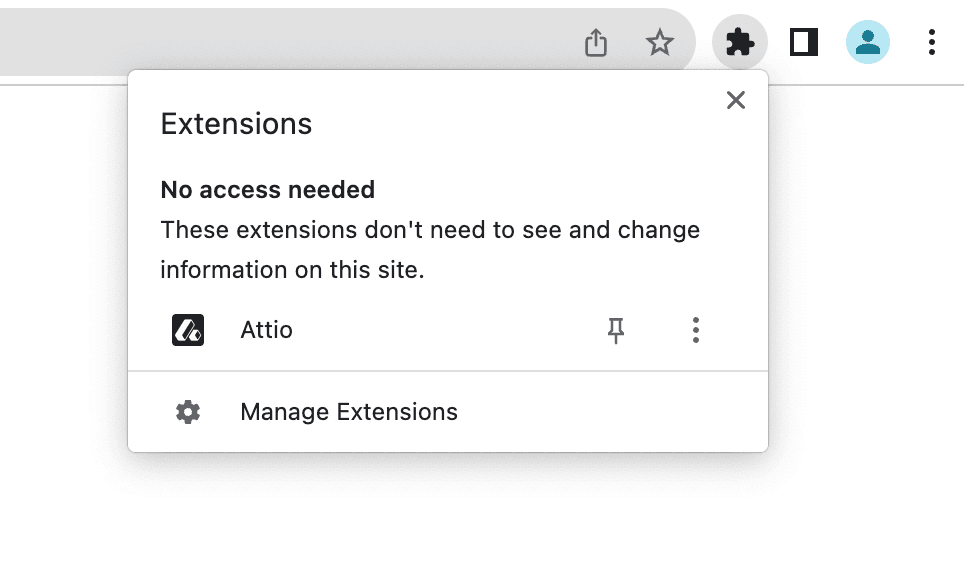 Shows the Manage Extension button from the Chrome toolbar extensions dropdown menu.