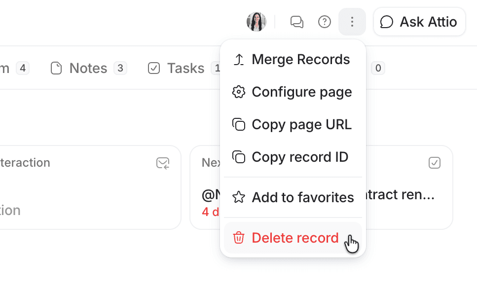 Dropdown menu from top right of record page highlighting Delete record button