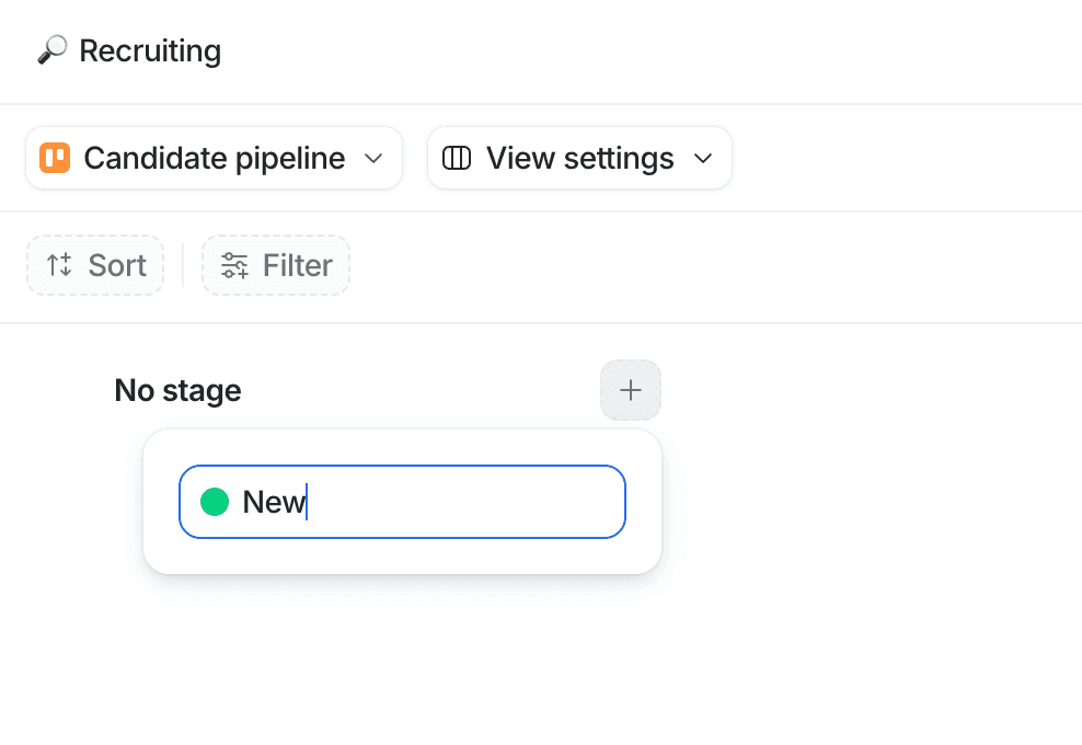 Screenshot of a recruiting software interface showing a "Candidate pipeline" dropdown and a "New" stage with a green dot indicator.