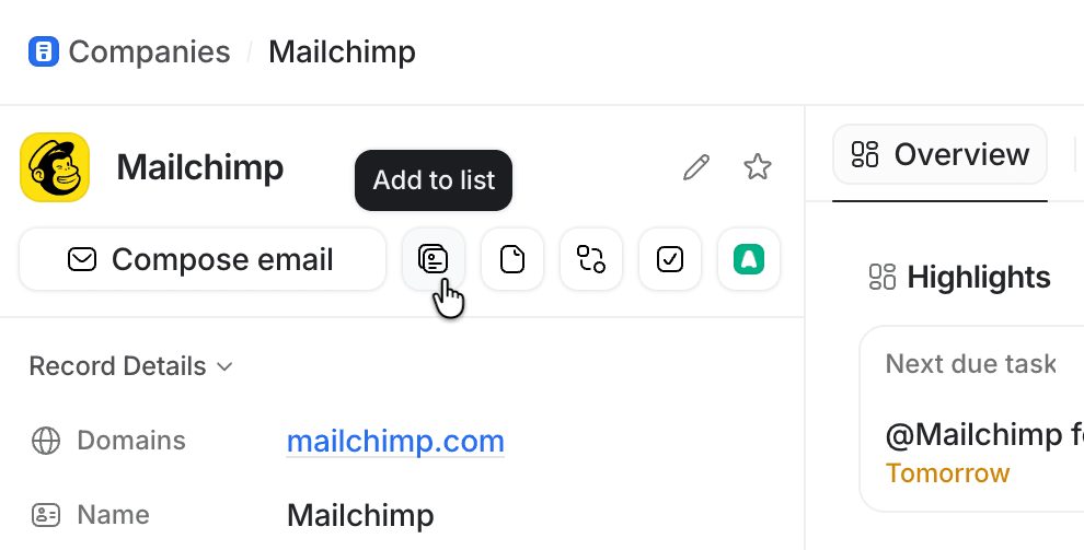 Mailchimp company record with buttons under name highlighted